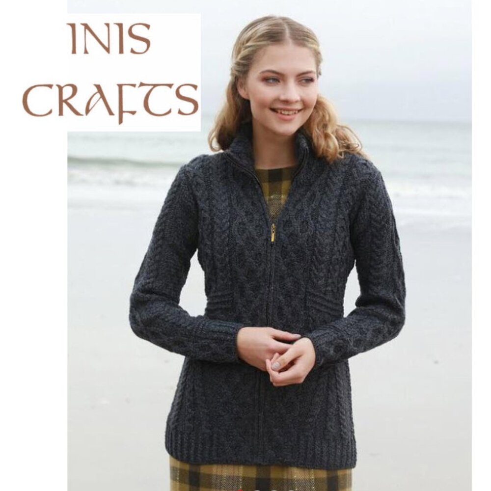 Inis Crafts Merino Wool Cable Zip Cardigan Ireland Grey Fitted Sweater medium